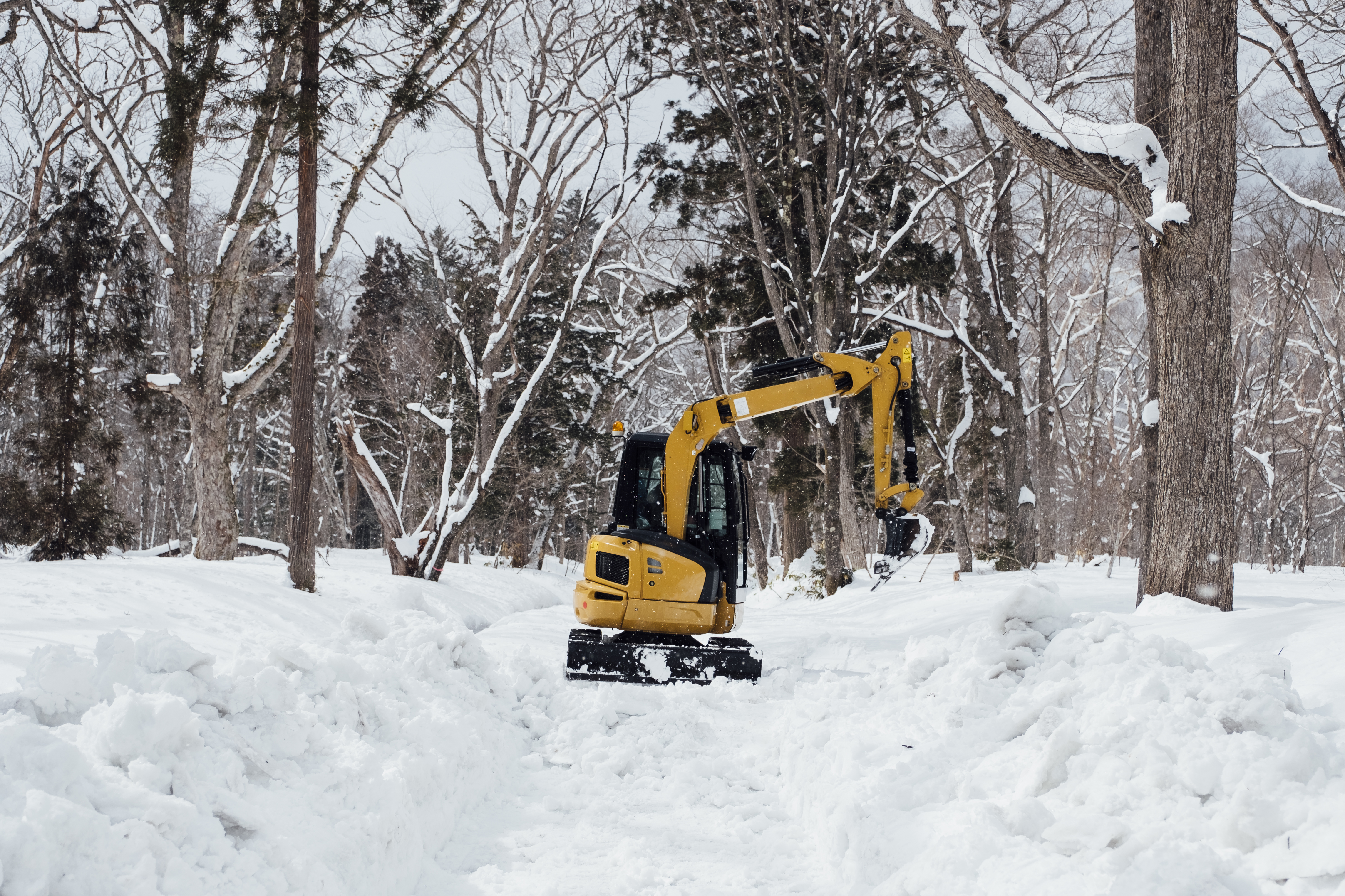 Backhoe in snow at togakushi shrine, Japan