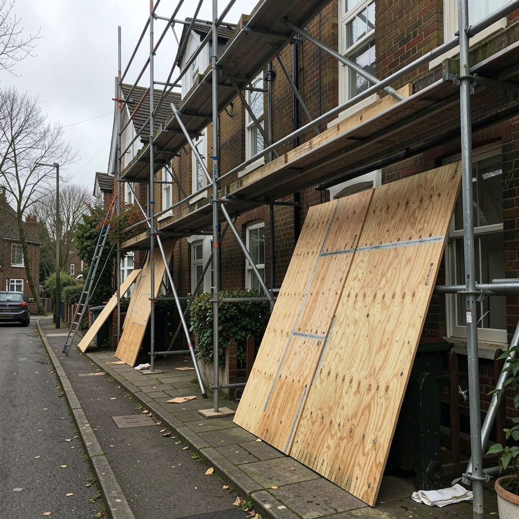 timber framing and scaffolding outside house